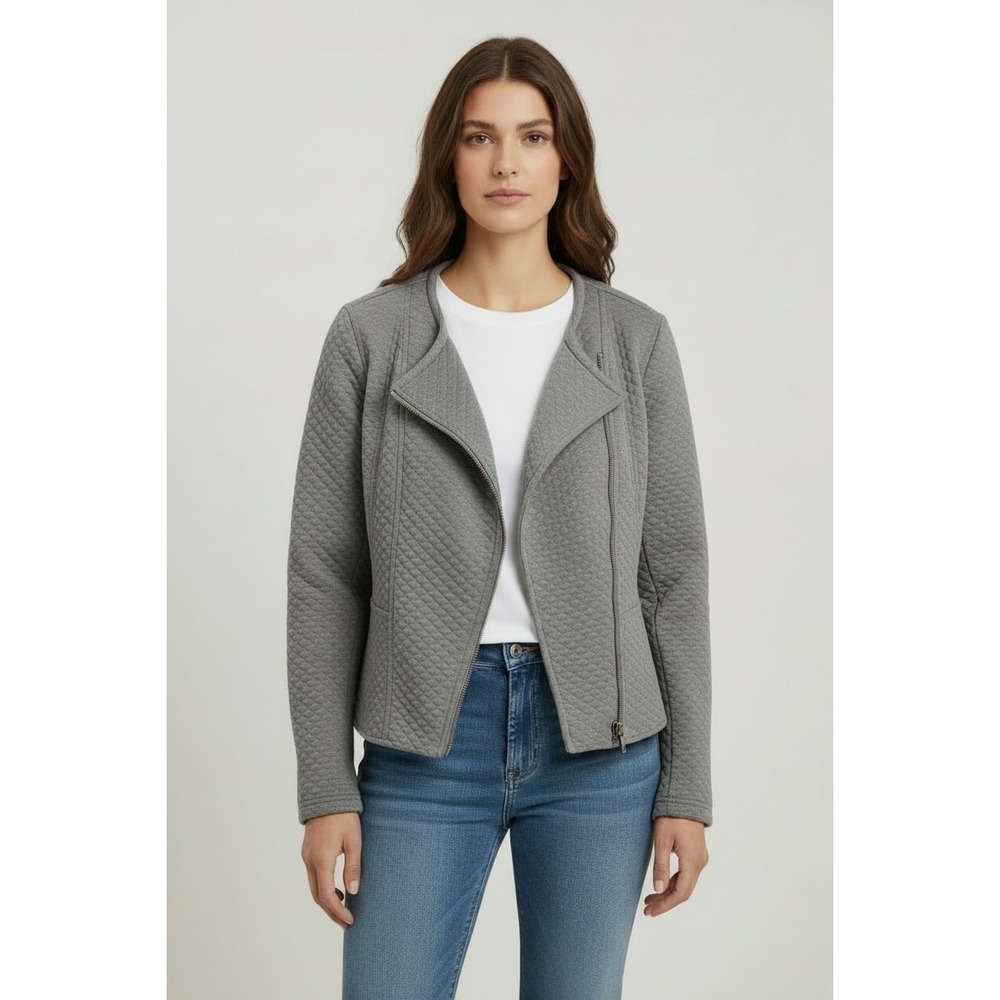 WHBM White House Black Market Grey Quilted Peplum Moto‎ Jacket 10 Polished New